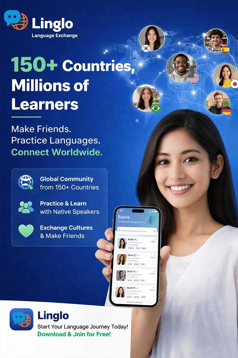 Linglo language exchange: learners chatting and practicing with partners worldwide (promotional image)